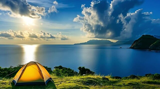 Camping tent grassy bluff overlooking a serene lake during sunset. Dramatic clouds and reflections on the water create a tranquil atmosphere