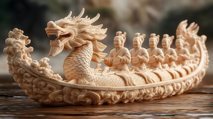 Intricate rendering of an ancient Chinese dragon boat showcasing craftsmanship and cultural significance