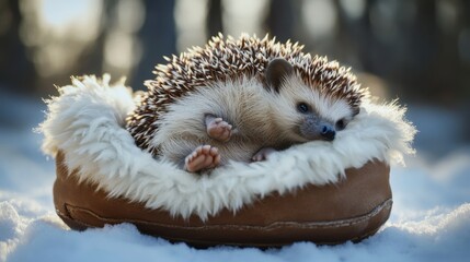 Obraz premium Cozy Hedgehog in Snowy Scene: A charming hedgehog nestled comfortably in a faux fur-lined shoe amidst a snowy, wintry backdrop. The hedgehog's spikes and tiny paws add to its endearing appeal.