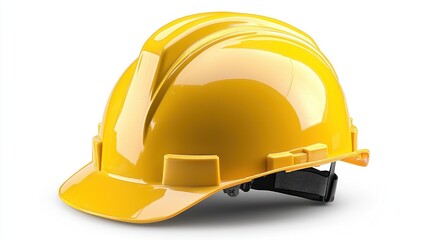 Fototapeta premium A bright yellow construction helmet is displayed against white background
