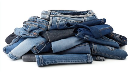 A pile of jeans isolated on a white background, showcasing the casual and versatile nature of denim.