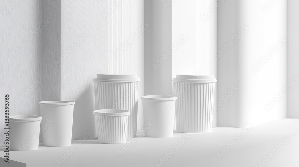 Poster minimalist cups: a modern and clean composition features an array of neatly arranged cups, focusing 