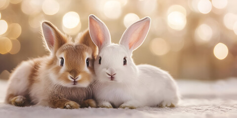 Obraz premium Adorable Puppy and Bunny Lying Together