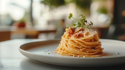 A plate of delicious pasta elegantly presented on a gray table, enhanced by natural light, highlighting its rich textures and flavors.