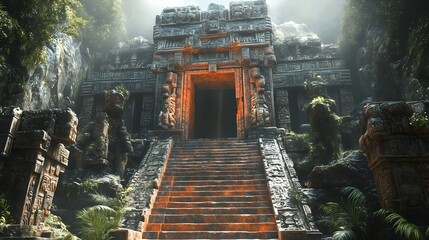 Mayan temple surrounded by lush vegetation and illuminated by sunlight exploring ancient civilization's architectural wonders