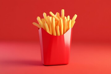 Crispy golden french fries in a red cardboard box