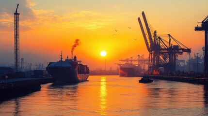 Fototapeta premium Cargo Ships at Sunrise with Cranes in a Serene Port Scene
