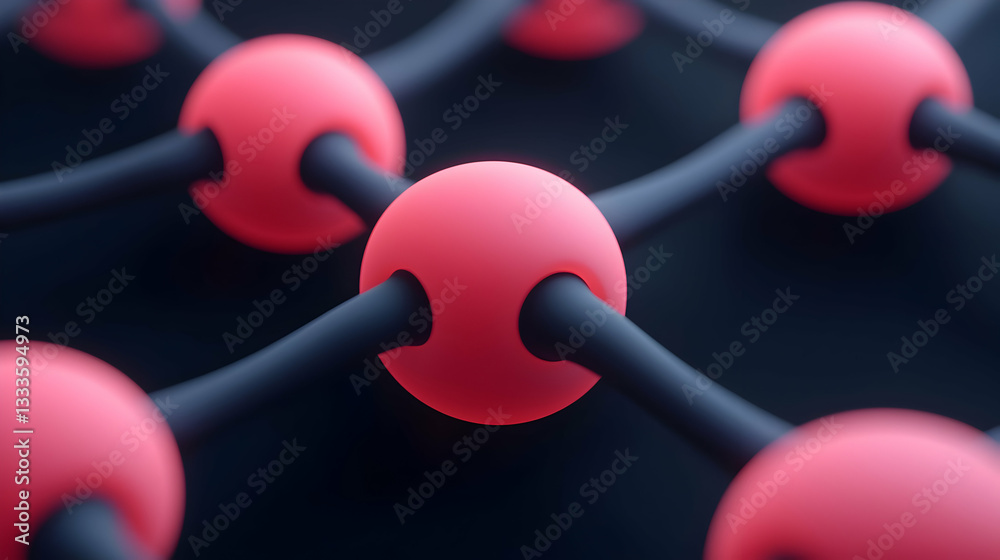 Wall mural abstract network of interconnected red spheres and black links on dark background