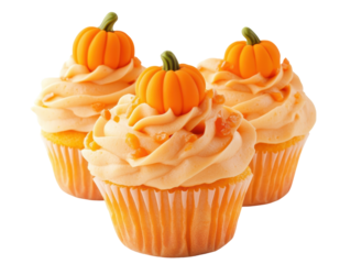 Isolated Halloween Pumpkin Cupcakes: Festive Trio with Orange Frosting