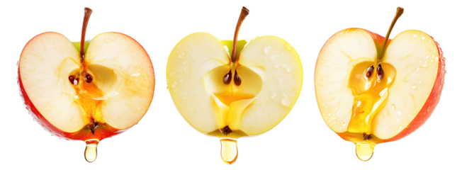 Set of halved apples with juice drops, isolated on white background