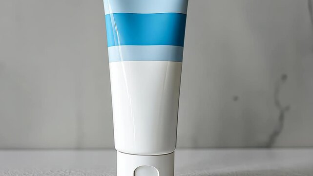  Tube of white and blue toothpaste on a clean counter