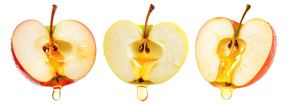 Set of halved apples with juice drops, isolated on white background