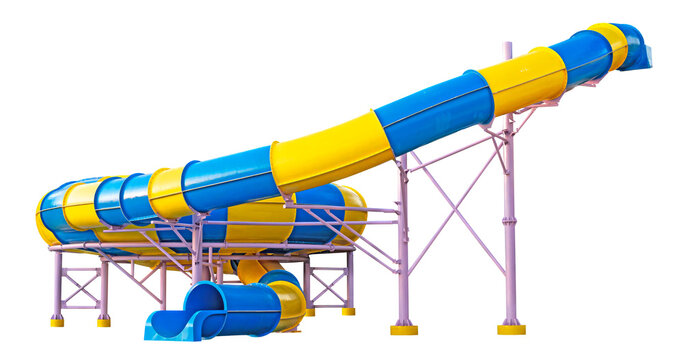 Yellow Blue Water Slide Amusement Park. Aquapark pipe. Water park aquapark slide spiral pipeline tunel