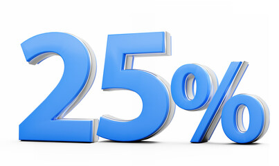 Vibrant Blue 25% Twenty Five Percent Sign With Metallic Gleam On White Background 3D Illustration