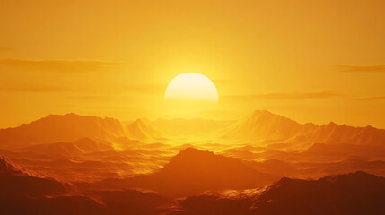 Obraz premium Majestic sunset illuminating rugged mountain landscape, casting warm hues over tranquil valleys