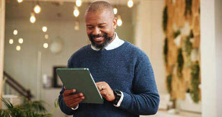 Tablet, communication and businessman in hotel for online email with corporate conference with...