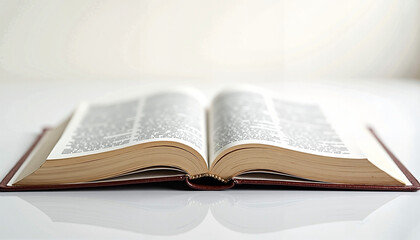 an open Bible with crisp white pages and delicate gold edges, lying flat on a pure white background