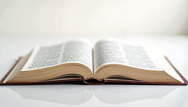 an open Bible with crisp white pages and delicate gold edges, lying flat on a pure white background
