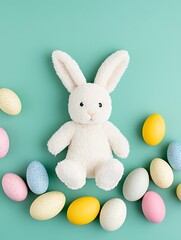A Cute White Bunny Surrounded by Colorful Easter Eggs on a Bright Orange Background