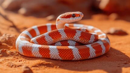 Obraz premium Orange and white snake coiled in desert sand