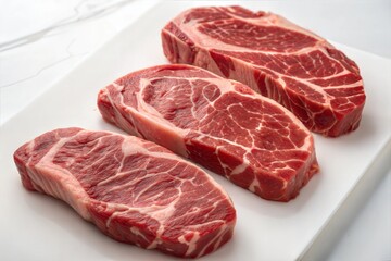 Obraz premium Fresh raw beef steaks ready for grilling on white background