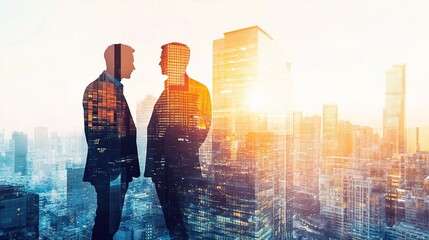 Two Business Professionals in Silhouettes Over Cityscape Background