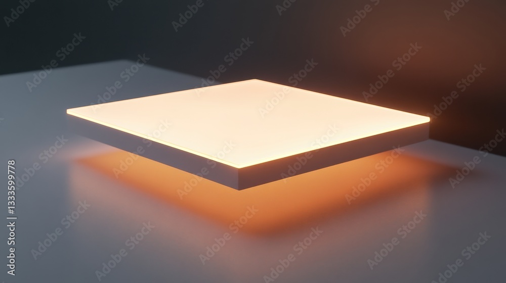 Poster floating cube with lighting effects: an illuminated, minimalist cube hovers, casting a soft glow and