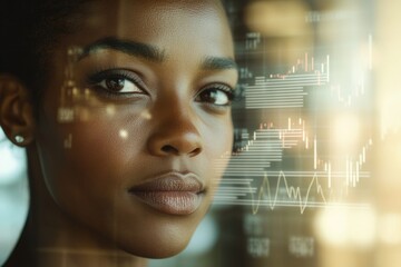 A woman's face superimposed over stock market data, symbolizing finance and technology.