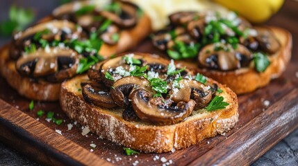 A savory mushroom toast garnished with parsley, lemon, and parmesan cheese, served on a rustic wooden tray.