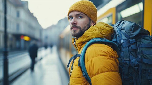 A travel blogger with a backpack near a public transport station.