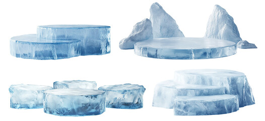 Set of ice podiums, isolated on transparent cutout background