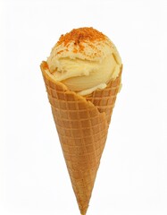A delicious-looking scoop of vanilla ice cream, sprinkled with cinnamon, sits in a crispy waffle cone. Sweet treat!