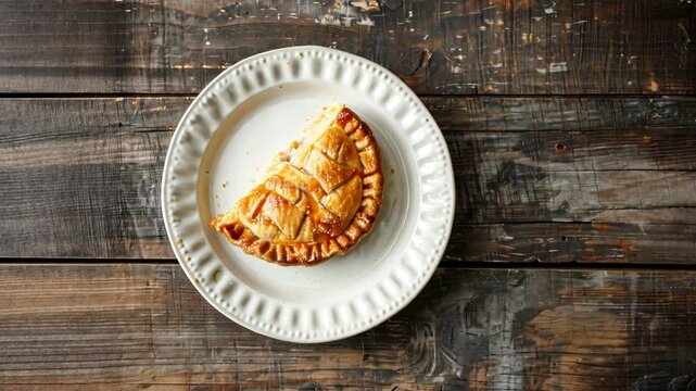 Golden Flaky Slice of Apple Pie on Decorative White Plate on Rustic Wooden Table Warm and Inviting Dessert with Delicious Filling and Beautifully Detailed Crust
