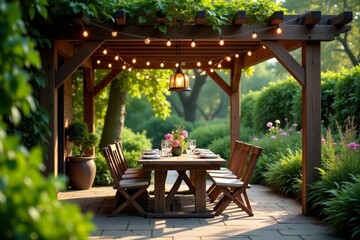 Fototapeta premium Rustic outdoor dining set under a pergola with hanging lights in a botanical garden, rustic, lights