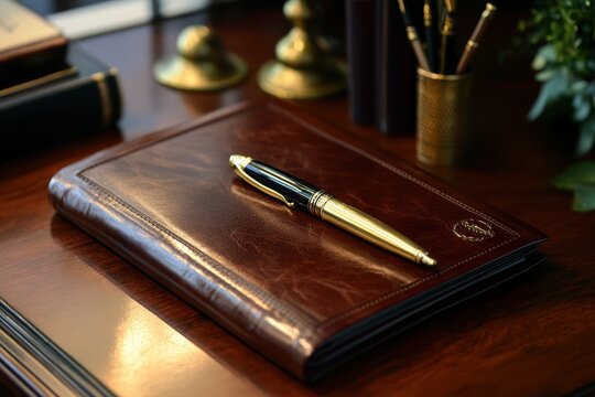 "Luxury Stationery Still Life: A close-up of a classic leather journal with a sleek golden pen, and a small desk with items, radiating sophistication and style." 