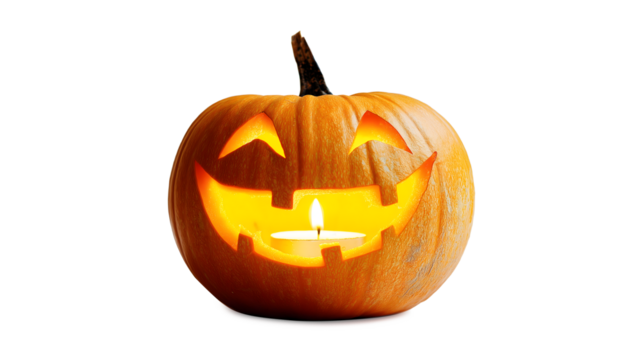 A pumpkin with a lit candle inside and a smile on its face