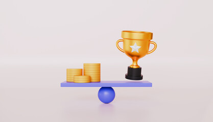 Trophy and money stacking coins on the balance scale, Business goal, Invest to success concept