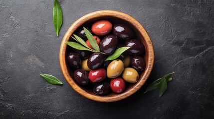 Wooden bowl brimming with assorted olives and fresh leaves on dark background