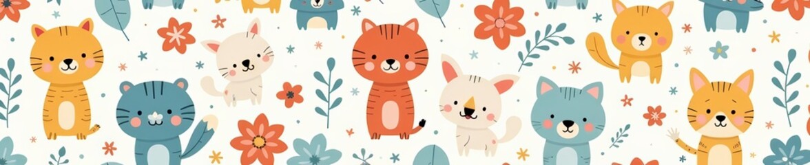 Naklejka premium Seamless pattern of cute animals in pastel colors for children's products, vector, kids