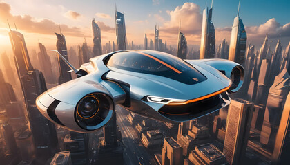 Futuristic Flying Car Above a Modern Metropolis at Sunset