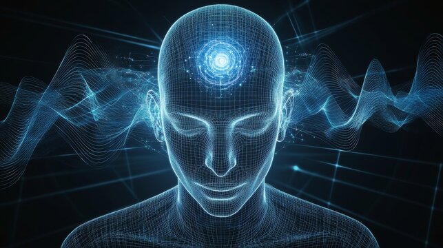 Cybernetic Mind: Wireframe Human Head Infused with Digital Waves Symbolizing Artificial Intelligence and Consciousness
