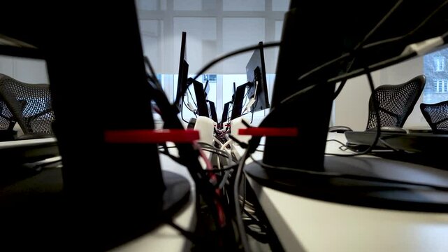 Close up view of tangled wires and cables connecting computer monitors in a modern office, highlighting the complexity of workplace technology