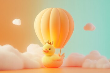 A crowned duckling enjoys a serene hot air balloon ride above fluffy clouds.