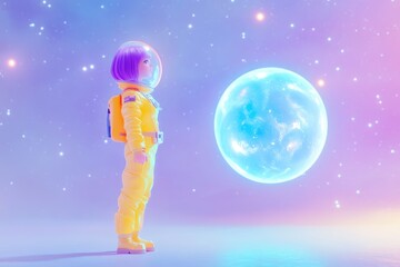 Naklejka premium A young astronaut girl in a yellow spacesuit gazes at a glowing planet in a pastel-colored space.