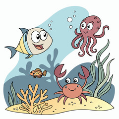 funny composition of marine life for your coloring book