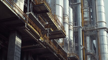 Vertical View of Towering Oil Refinery Structures and Fuel Storage