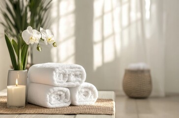 Beautifully folded white towels stacked neatly, spa and wellness concept, clean