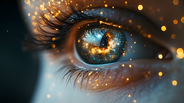 Close-up view of an eye showcasing a mesmerizing galaxy reflection within its iris and pupil, capturing a sense of wonder and cosmic beauty