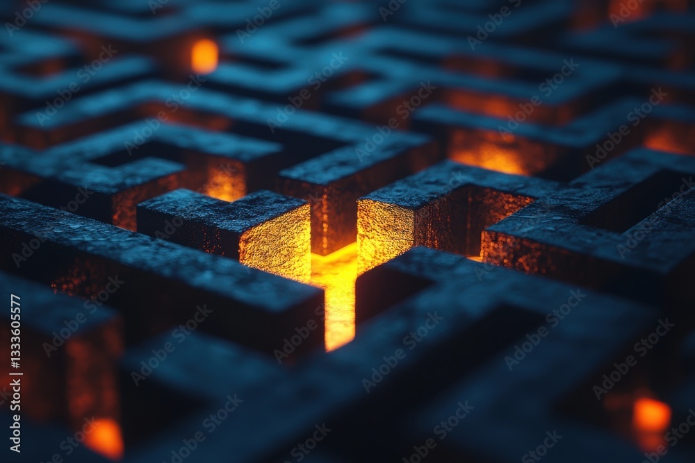 Poster navigating the labyrinth: the image presents an enigmatic maze with illuminated path, symbolizing co