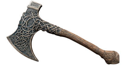A Viking battle axe with intricate carvings on a transparent background